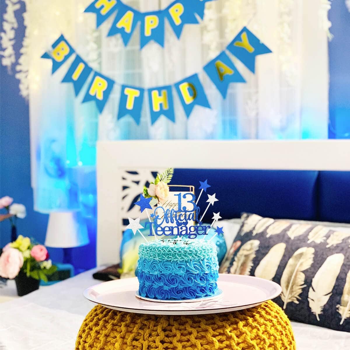 Glittery 13 Ofiicial Teenager Cake Topper with Star Boys and Girls 13th Birthday Party Supplies,Thirteen Years Old Birthday Party Decorations Royal Blue