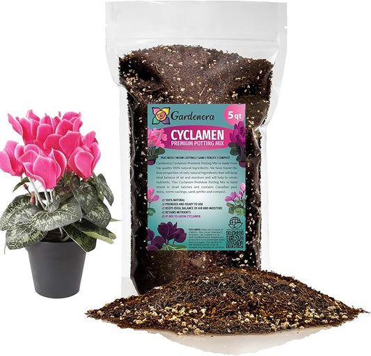 Gardenera Premium Cyclamen Potting Soil Mix - Perfect Balance of Nutrients, Drainage, and Aeration for Thriving Blooms - 5 Quart