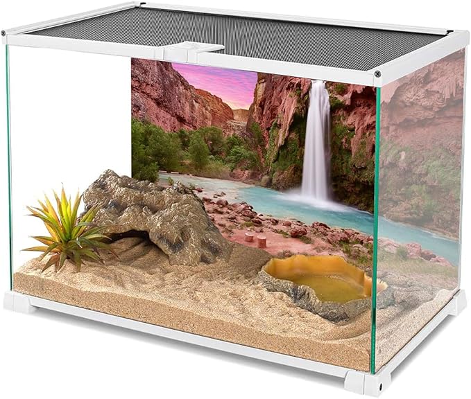 AWERT 72x18 inches Reptile Habitat Background Sunset Mountain Waterfall Terrarium Background Durable Polyester Background