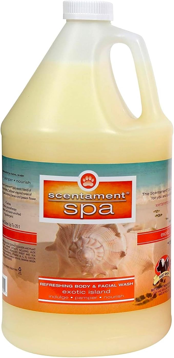 Best Shot Scentament Spa Seasonal Body and Facial Wash, Tearless Shampoo, Hypoallergenic Body Wash, Removes Tear Stains, Exotic Island, 1 Gallon