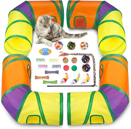 Retro Shaw Cat Toys with Cat Tunnels, Interactive Kitten Toys for Indoor Cats Kitty, Cat Tube Tent Feather Wand Teaser Bell Fuzzy Ball Springs Mouse (25 Pcs Extra Large Cats Tunnel Set)