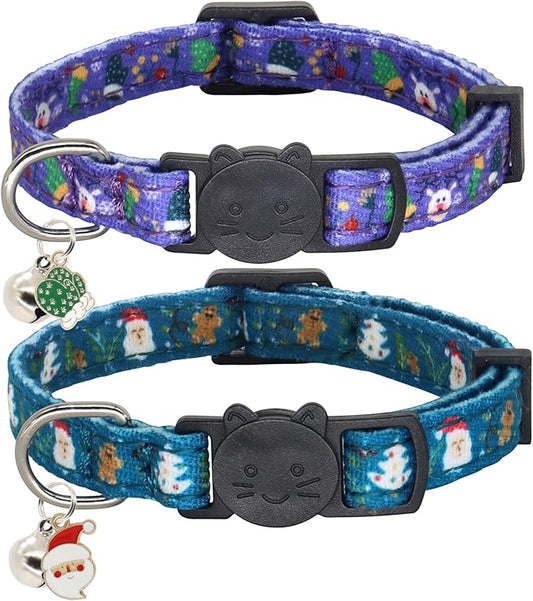 Christmas Cat Collar, Cotton 2 Pack Cat Collar with Bells, Breakaway Collars for Girl Boy Kittens, Santa
