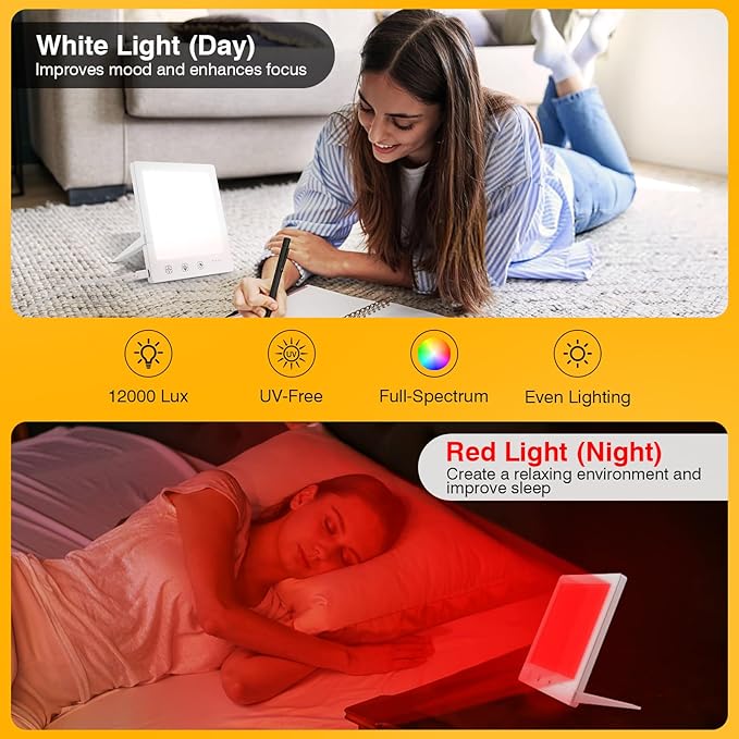 Light Therapy Lamp and Red Light Therapy for Face, UV-Free Sun Lamp with 660nm Red Light and 12000 Lux Bright White Light, Detachable Stand for Boosting Mood & Improving Skin Heal-th.