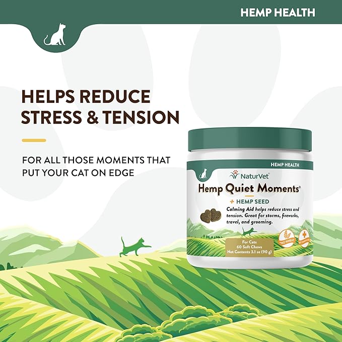 NaturVet Hemp Quiet Moments Plus Hemp Seed for Cats, 60 ct Soft Chews, Made in USA