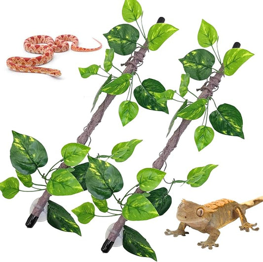 VCEPJH Reptile Climbing Branch Decor 2 Pcs Bendable Jungle Vine with Suction Cup Terrarium Plant Decoration for Gecko Bearded Dragons, Snake,Frogs, Chameleons Cage Accessories (S)