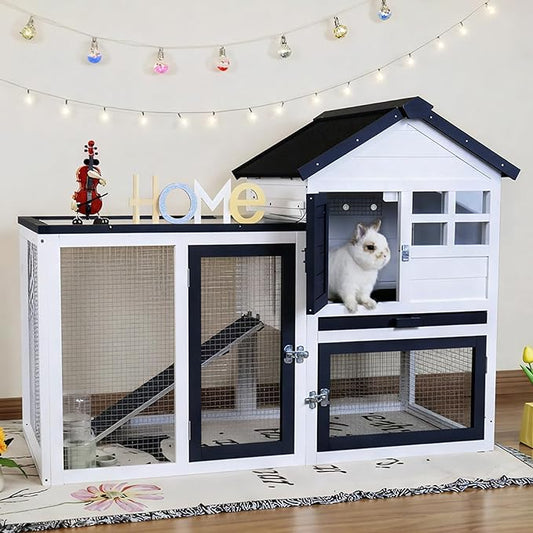 Rabbit Hutch Bunny Cage Indoor/Outdoor, Small Chicken Coop, with Metal Mesh Floor & Removable Tray, Secure Sliding Door, Chew-Resistant Rug Ramp
