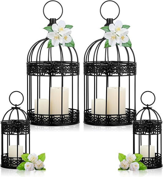 Sliner 4 Pcs Birdcage Candle Holder Valentine Decorative Bird Cages for Weddings Vintage Candlestick Holders Metal Lanterns Model Wedding Candle Centerpieces for Tables Valentine Home Decor(Black)