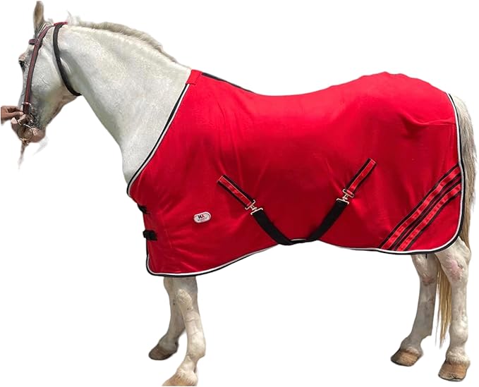 Majestic Ally Anti Pill Fleece Horse Blanket/Sheet with Silver Braided Rope (Red, 76)