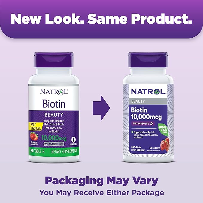Natrol Beauty Biotin 10000mcg, Dietary Supplement for Healthy Hair, Skin, Nails and Energy Metabolism, 60 Strawberry-Flavored Fast Dissolve Tablets, 60 Day Supply (Pack of 12)