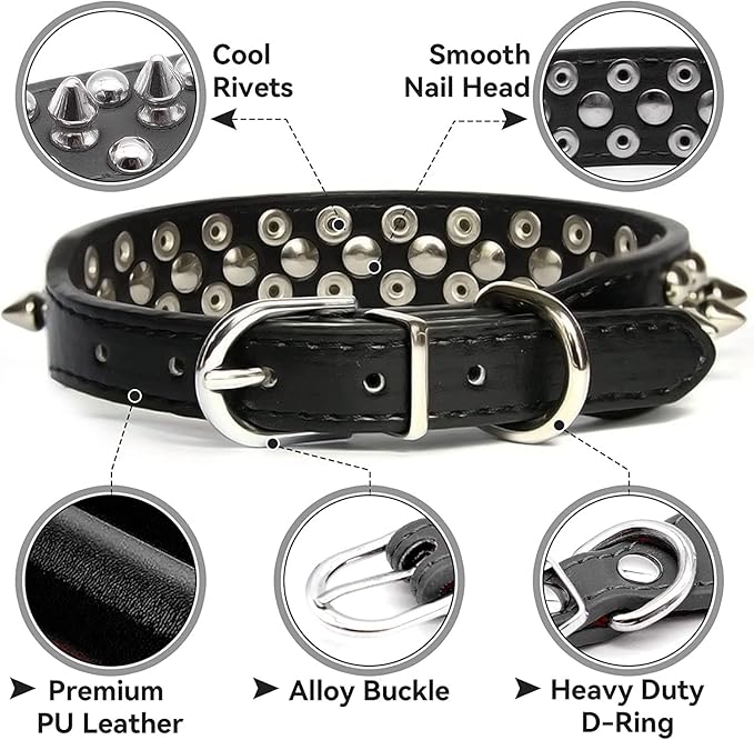 Spiked Dog Collar Soft Pu Leather Mushrooms Rivet Spike Studded Puppy Adjustable Pet Collars for Small Breeds (M, Pink)