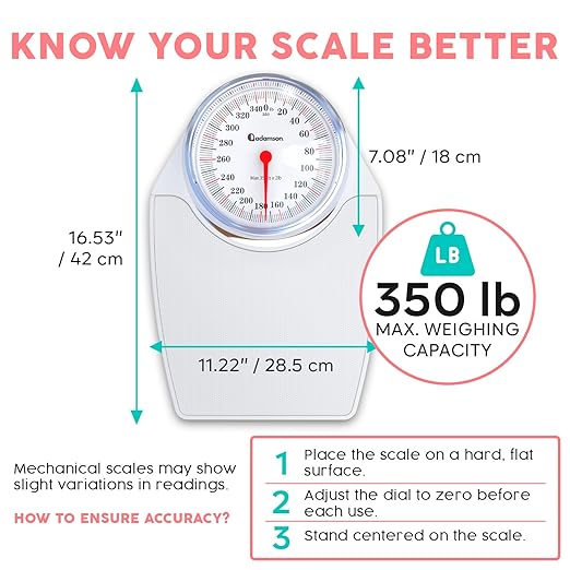 Adamson A24 Scales for Body Weight - Up to 350 LB - New - Anti-Skid Rubber Surface Extra Large Numbers - High Precision Bathroom Scale Analog - Durable with 20-Year Assurance
