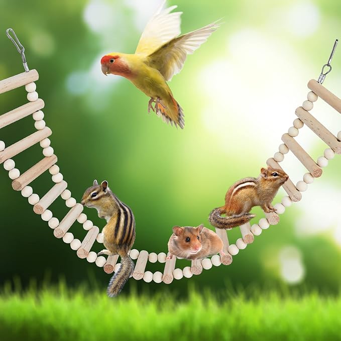 Rat Ladder Bridge Toy, Rat Climbing Toys, Natural Wooden Hamster Ladder Bridge Toy, Cage Accessories for Bird Parrots Parakeets Hamster Cockatiels Sugar Gliders - 18 Steps - 25.98 x 3.14 Inch