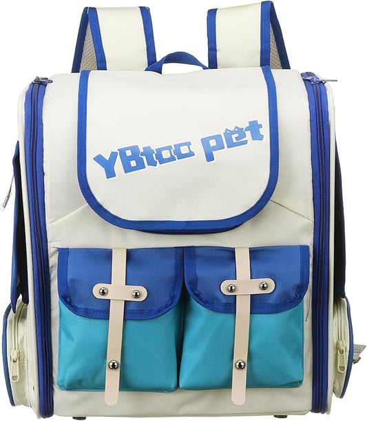 Pet Backpack Carrier, Portable and Ventilated, Oxford Cloth, Dogs Cats and Small Animals Travel Bag 13.39", (Beige, White, Blue, 1 Pcs), Intended for Hiking/Camping/Traveling