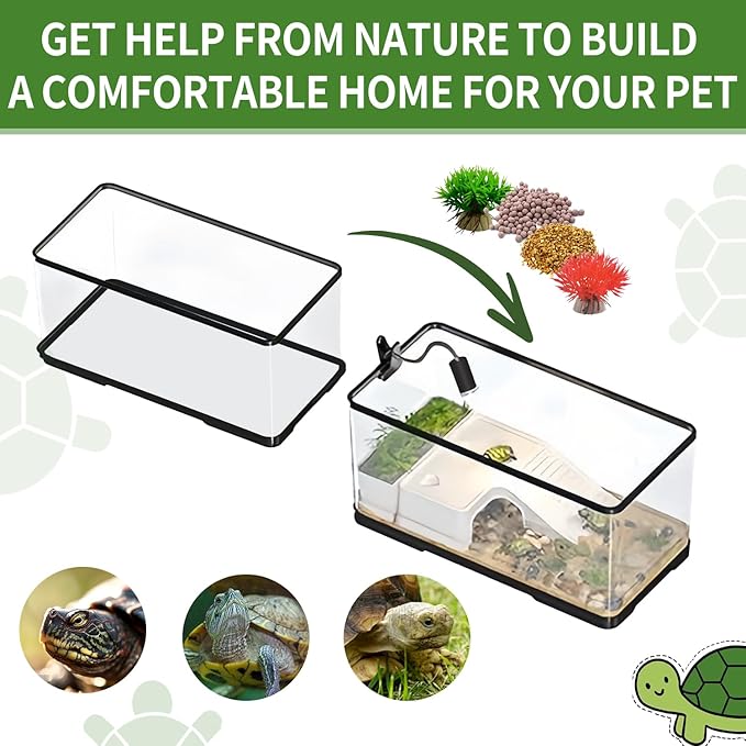 (Tank + Light + Filter Balls) Turtle Tank Kit, Turtle Tank Starter Kit,Bottom Drainage, Multi-Function Areas for Turtles, Crabs,Fishes, Amphibians,Reptiles.(11.81 × 7.88 × 7.88 Inch)