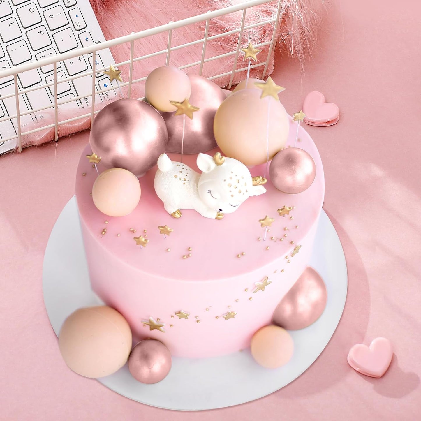 48 Pcs Balls Cake Topper Decorations Balloon Cupcake Toppers Foam Cake Topper Balls for Birthday Party Wedding Cake Deco(Glitter Pink, Rose Gold, Light Brown, Apricot)