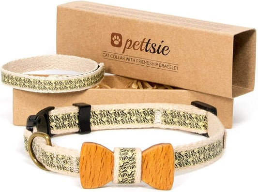 Pettsie Breakaway Cat Collar with Bow Tie and Matching Bracelet–Adjustable Cotton Kitten Collar with Safety Buckle for Cats and Small Pets–Cute Cat Gift for Owners and Cat Lovers, 8-11 Inches, Black