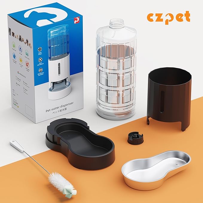 CZPET Automatic Dog and Cat Water Dispenser with Stainless Steel Bowl Gravity Waterer,100% BPA-Free,Large Capacity and Drinking Area Noise-Free for Pets
