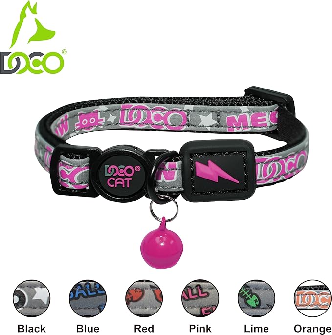 DOCO Cat Collar (Neck Girth - 3/8" x 7.5-12", Weight Upto - 13lb) Reflective Cat Collar with Bell, Breakaway Safety Buckle, Adjustable Nylon Strap for Kittens & Adult Cats (Orange)