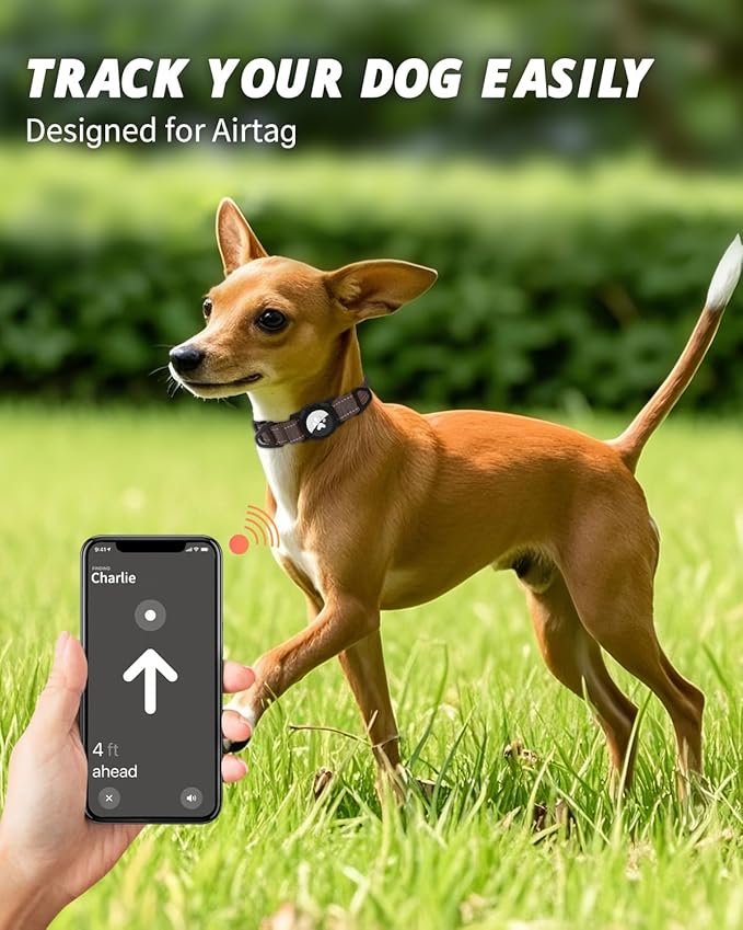 Joytale Airtag Dog Collar, Reflective Pet Collar with Waterproof AirTag Holder, Dual D-Rings, Soft Padded Adjustable for Extra Small and Puppy Dogs, Brown, XS