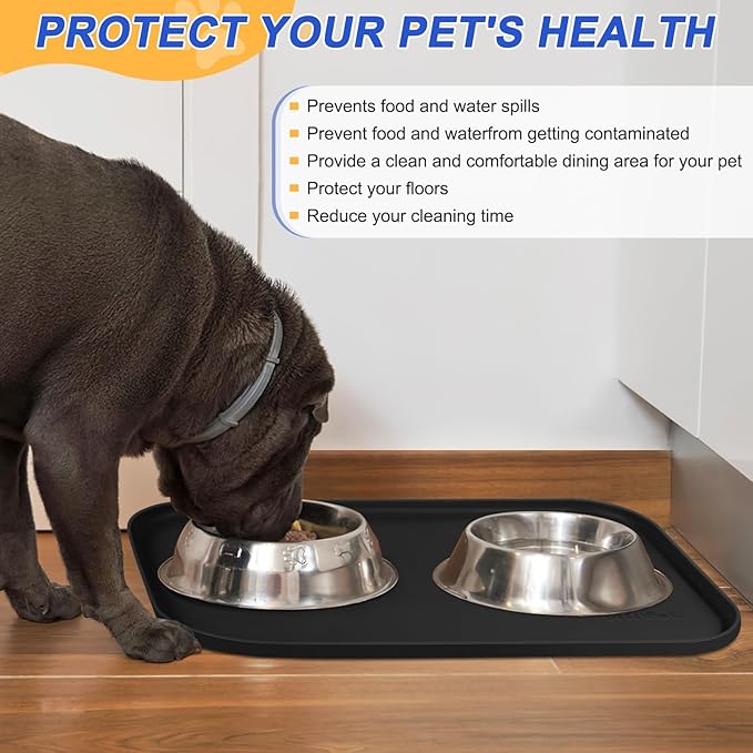 Silicone Pet Feeding Mat with Raised Edge for Food and Water, Dog Bowl Mats, Cat Bowls Placemat with High Lip for Floor Waterproof, Rubber Tray for Cats and Dogs 19 x 12 x0.7 Black