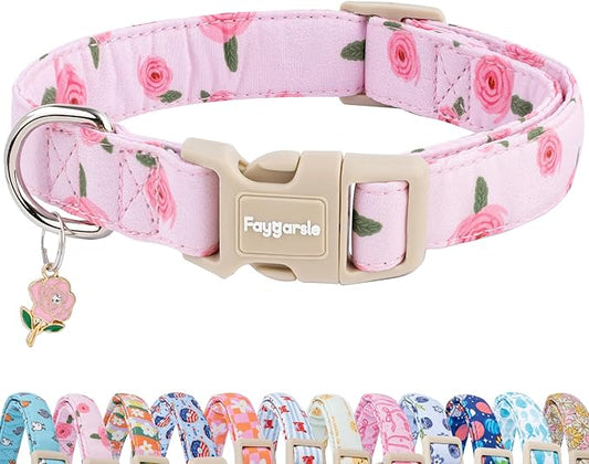 Faygarsle Pink Floral Dog Collar with Roses Pattern, Spring Summer Design for Small Medium Large Dogs L