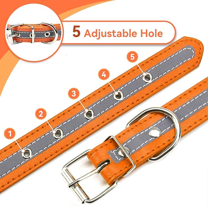 PETCARE Reflective Dog Collar with Cute Paw Rivet Studded Funny Soft PU Leather Adjustable Puppy Dog Collars for Small Medium Large Dogs Cats (Orange,XX-Large)
