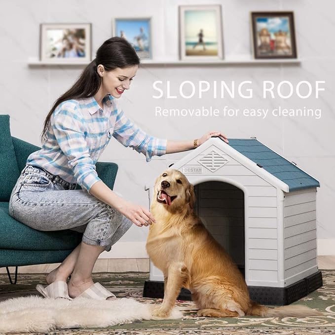 DEStar Durable Waterproof Plastic Pet Dog House Indoor Outdoor Puppy Shelter Kennel with Air Vents and Elevated Floor (Medium - 28" Height)