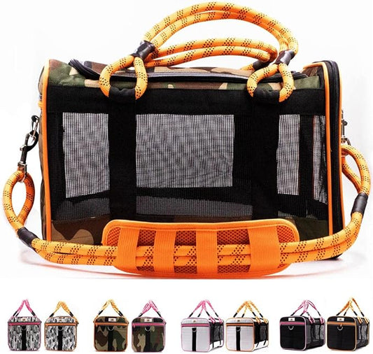 Buddy's Best Airline Approved Pet Carrier – Army Camo & Orange for Dog or Cat, Fits Under Seat, TSA Compliant, Ventilated Mesh Design w/Waterproof Base & Reflective Strips