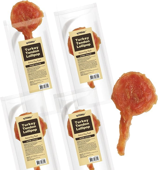 Turkey Tendons for Dogs, All Natural, Healthy Dog Treats, Long Lasting, Hypoallergenic Dog Chews, Rawhide Free, USA-Sourced, for All Dogs, Lollipop, 4 Count Pack