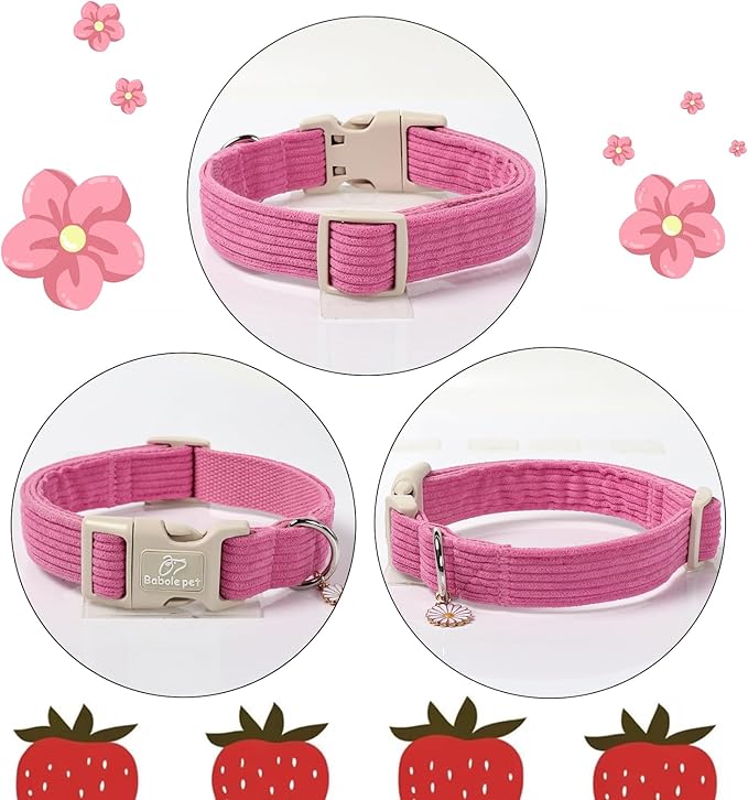 Cute Corduroy Dog Collar - Deep Rose Adjustable Dog Collars for Medium Dogs 25-50lbs, Fade-Proof with Secure Snap & Little Charm, Christmas Birthday Gift, M