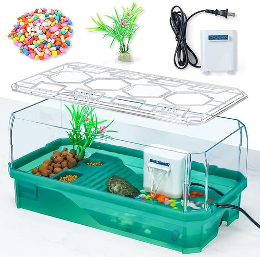 Turtle cage Tortoise Terrarium with Pump＆Filter with Shower Function Easy to Change Water and Clean Water for Turtle Horned Frog Hermit Crab (Green, Medium)