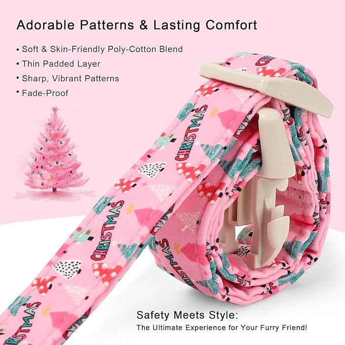 Christmas Dog Collar for Medium Dogs - Cute Xmas Tree Print Pink Christmas Collars for Dogs, Soft Adjustable Winter Holiday Dog Collars with Quick Release Buckle M