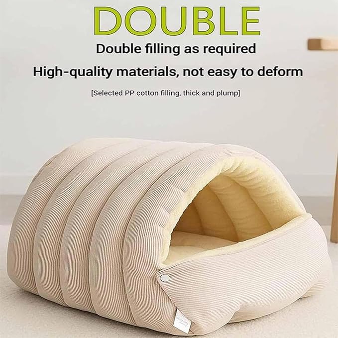 Expectation Cat Bed, Removable and Washable Winter Closed-Off Cat Bed, Soft Fluffy Warm Autumn/Winter Cats House, Washable Non-Slip Pet Sleeping Bag for Indoor Cats Small Dogs (Beige,Large)