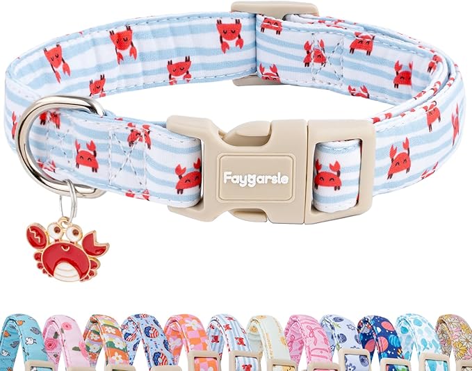 Faygarsle Cute Crab Pattern Dog Collar, Cotton Fabric, Light Blue Stripes, for Small Medium Large Dogs L