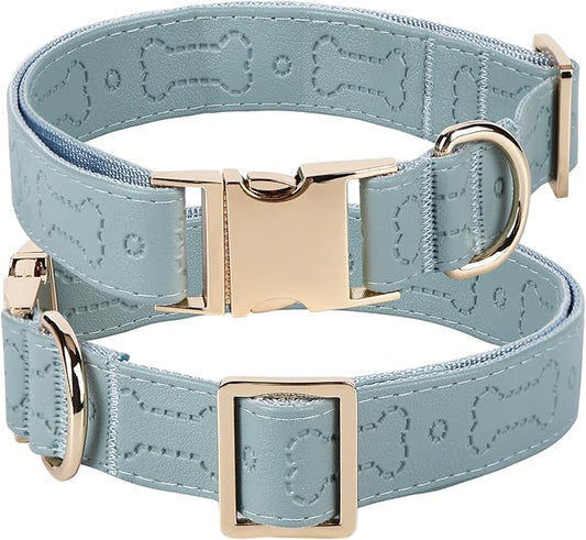 TDTOK Stylish Leather Dog Collar, Comfortable Soft PU Leather Dog Collars for Large Medium Small Dogs with Quick Metal Buckle, Adjustable Pet Collar with Cute Bone Pattern Design (Blue, L)