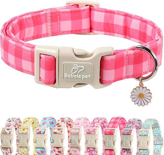 Girl Dog Collar for Small Dogs - Cute Pink Plaid Puppy Collar, Soft Adjustable Spring Summer Female Dog Collars with Quick Release Buckle S
