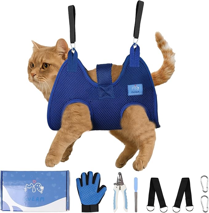 Pet Grooming Hammock for Cats & Small Dogs – Nail Clipping Kit with Sling, Clippers, File, Glove, Straps & Carabiners – Ideal for Trimming & Ear Cleaning – [S/XS] (Black, Small)