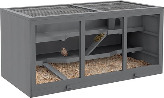 PawHut 45" Extra Large Wooden Hamster Cage, 3-Layer Rat Cage with Opening Roof, PVC Window, Small Animal Habitat for Gerbil, Dwarf & Syrian Hamsters, Gray