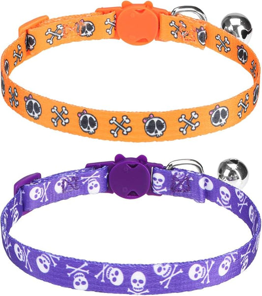 PUPTECK Breakaway Halloween Cat Collar with Bell Charm, 2 Packs Adjustable Kitty Collars Purple & Orange Skull Pattern, Orange Purple, 7.8-11.8 in