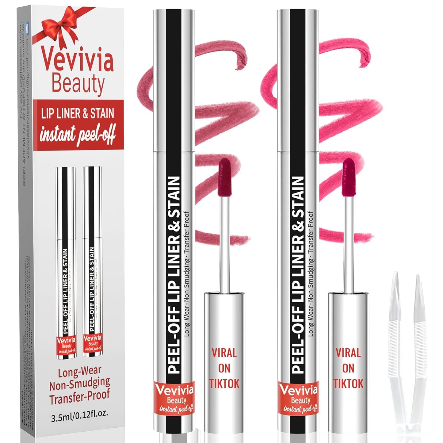 2pcs Lip Stain Peel Off - Lip Liner Stain Long Lasting Waterproof,2-in-1 Lip Liner with Tweezer Nude Matte,Non-Stick Cup,Highly Pigmented，Natural Finish,Stay On All Day,Perfect for Gift (Mauve+Rose)