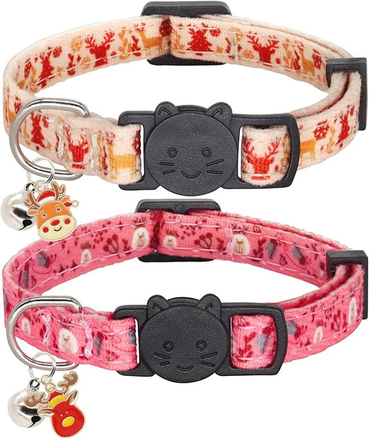 Christmas Cat Collar, Cotton 2 Pack Cat Collar with Bells, Breakaway Collars for Girl Boy Kittens, Reindeer