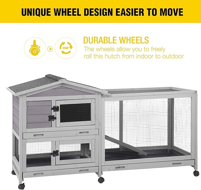 Aivituvin Rabbit Hutch Outdoor Rabbit Cage Indoor with Casters Bunny Cage Chikcen Coop for Small Animals with Pull-Out Tray(Grey)