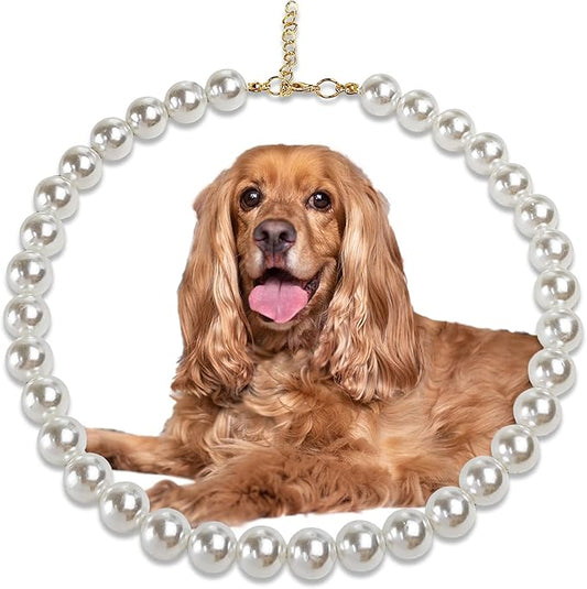 Chunky Pearl Dog Collar Large Breed (0.55 Inch), Adjustable Dog Necklace, Beaded Dog Collar Imitation White Pearls, Elegant Dog Jewelry Suit for Medium Large Dog 17"-19.8" Inner Circumference
