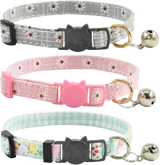 Breakaway Cat Collars with Bell, Set of 3, Durable & Safe Cute Kitten Collars Safety Adjustable Kitty Collar for Cat Puppy 7.5-11in (Gray,Pink,Blue)