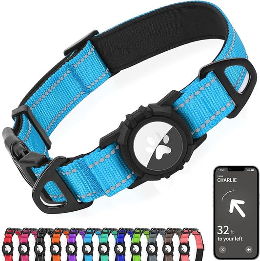 Joytale Airtag Dog Collar, Reflective Pet Collar with Waterproof AirTag Holder, Dual D-Rings, Soft Padded Adjustable for Small Dogs, SkyBlue, S