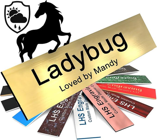 Horse Stall Name Plate, 2x6 Personalized Stall Signs, UV Protected, All Weather Adhesive, Hanging, Mounting or Other, Brushed Brass Plastic Black Letters - Made in USA - M6