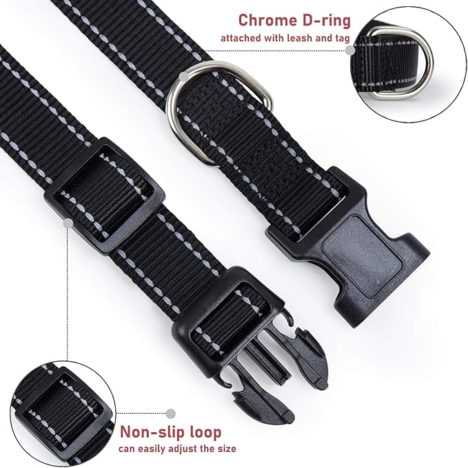 Reflective Dog Collar with Buckle Adjustable Safety Nylon Collars for Small Medium Large Dogs, Black XL