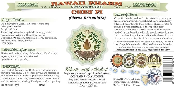 Chen Pi Alcohol-Free Liquid Extract, Chen Pi, Tangerine (Citrus Reticulata) Peel Glycerite Hawaii Pharm Natural Herbal Supplement 2 oz
