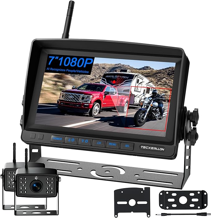 RV Backup Camera, 7'' 1080P Vehicle Backup Cameras with AI Detection, Waterproof Wireless Backup Camera with DVR Recording & Night Vision for Car, Van, SUV, Truck, Trailer