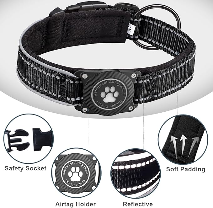 Airtag Dog Collar with Waterproof Air Tag Holder, Luminous Reflective, Soft Padded, Adjustable Nylon Pet Collar for Small Medium Large Heavy Duty Dogs,Black, L